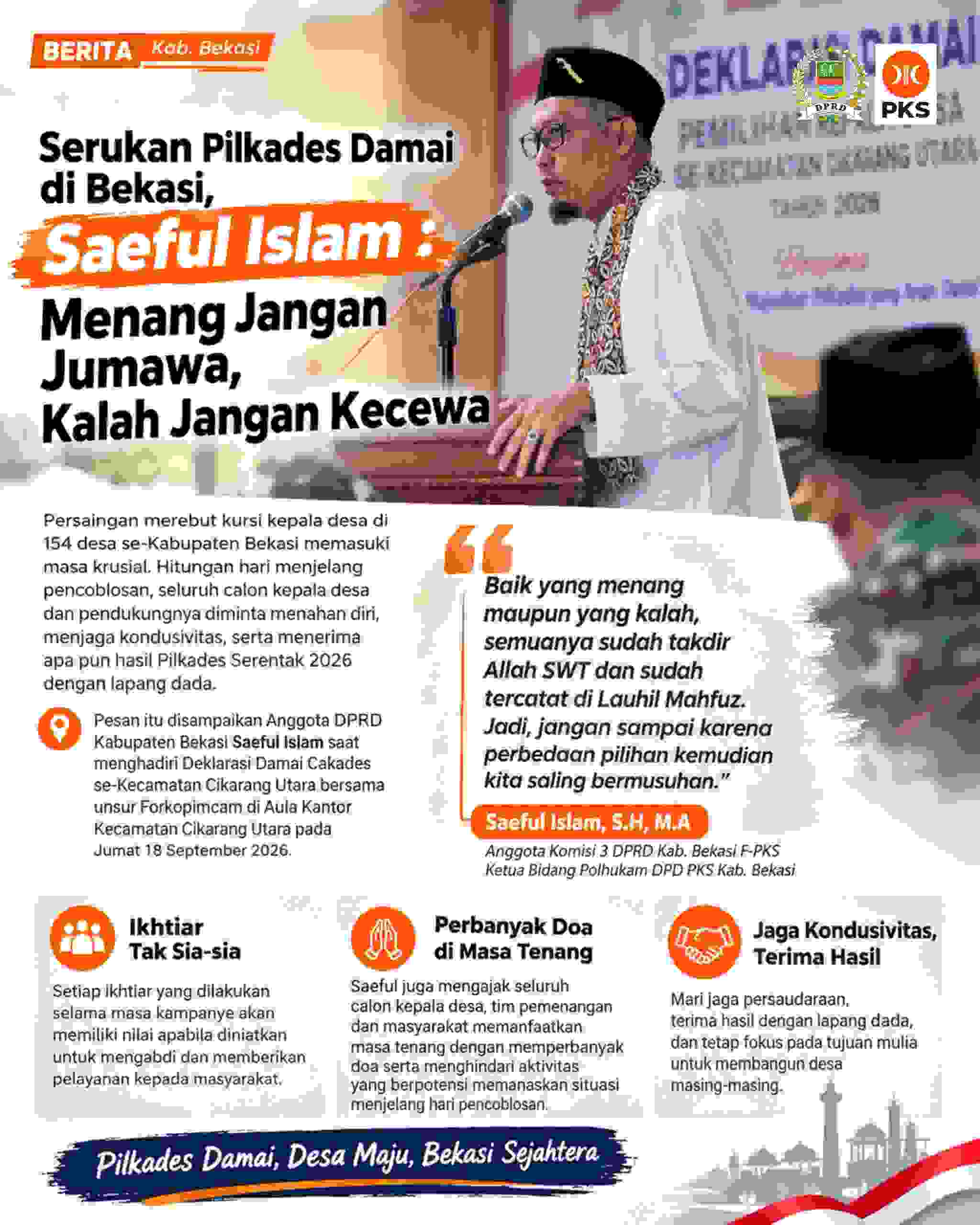 Jelang Pilkades Serentak, Politisi PKS Ingatkan Bahaya Provokasi di 154 Desa Bekasi